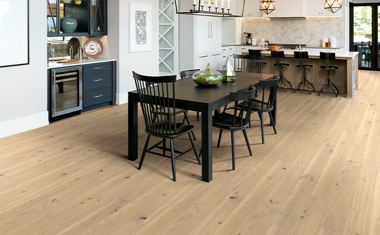 farmhouse hardwood flooring in kitchen seating area